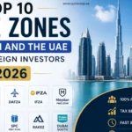 Top 10 free zones in Dubai and the UAE for foreign investors, featuring DMCC, JAFZA, DAFZA, IFZA, Meydan, SHAMS, RAKEZ, and Dubai South in 2026