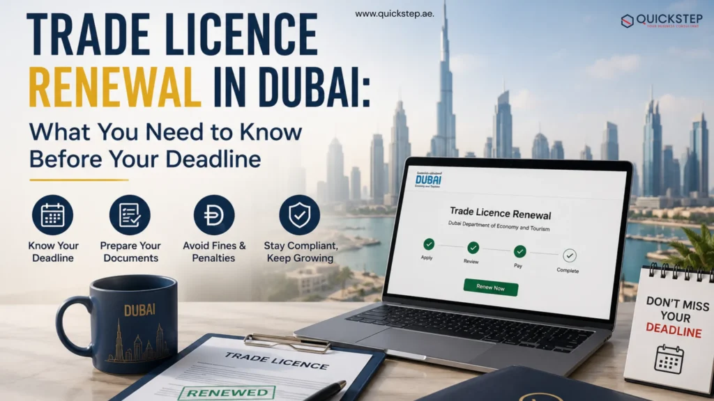 Trade Licence Renewal in Dubai guide with DET renewal process, compliance checklist, and Quickstep PRO Services